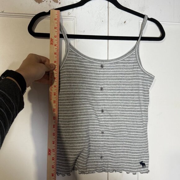 Abercrombie Girls Cami Tank Top Gray White Striped Size 13/14 Button Moose Logo - Picture 3 of 7